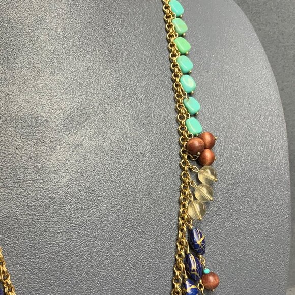 BoHo Multicolor Bead Necklace 32 In Gold Chain Wooden Brown Royal Blue Turquoise - Picture 5 of 9